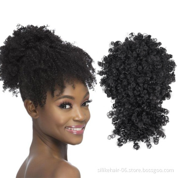 High Quality Brown Afro Puff Hair Pieces Short Kinky Curly Drawstring Ponytail Chignon With Bangs Synthetic Hair Bun Extensions